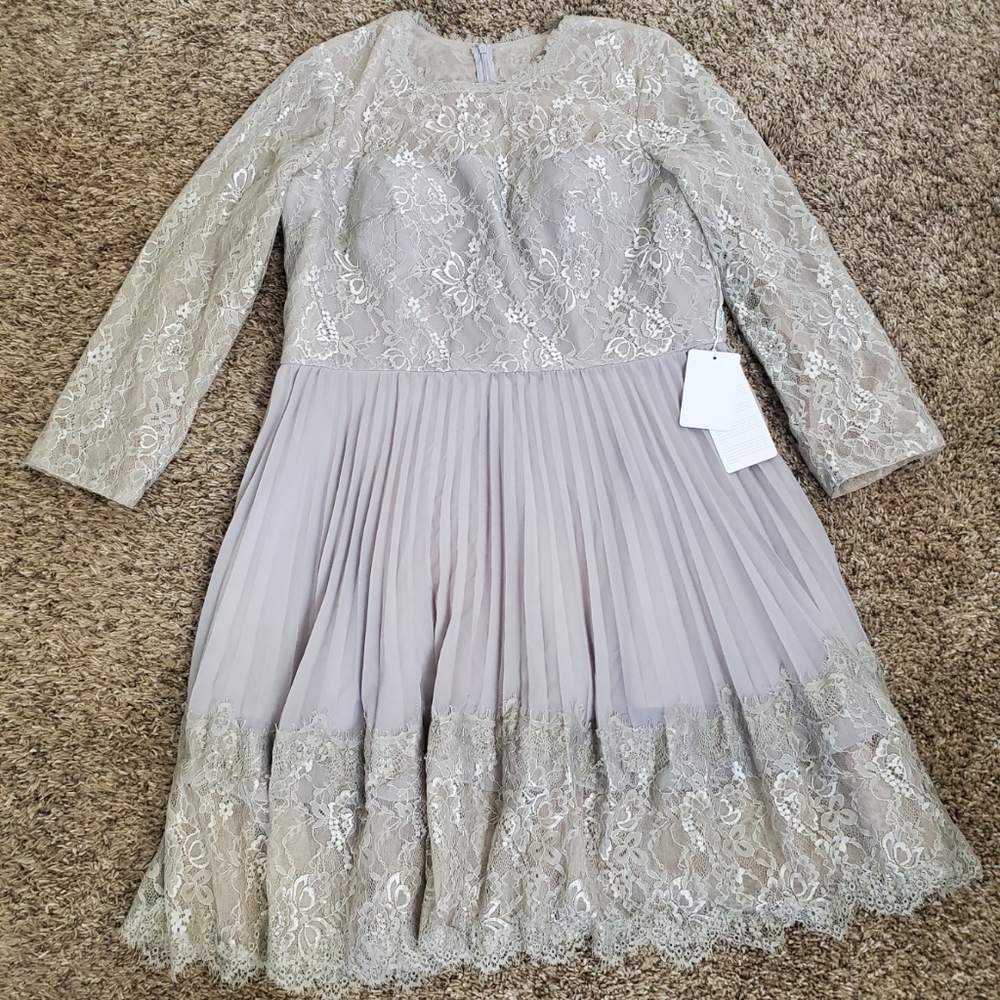 JJ House Silver Mother Bride maid Dress 18W mid Length Chiffon Lace pleated